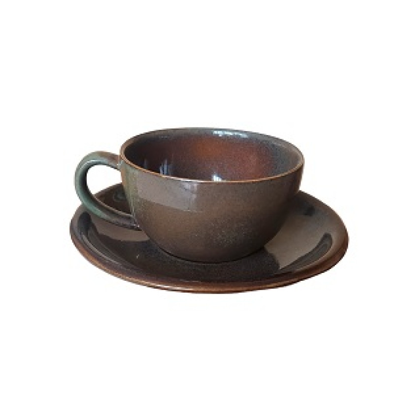 Чашка з блюдцем Ideal Ceramic 250мл, коричнева з зеленим